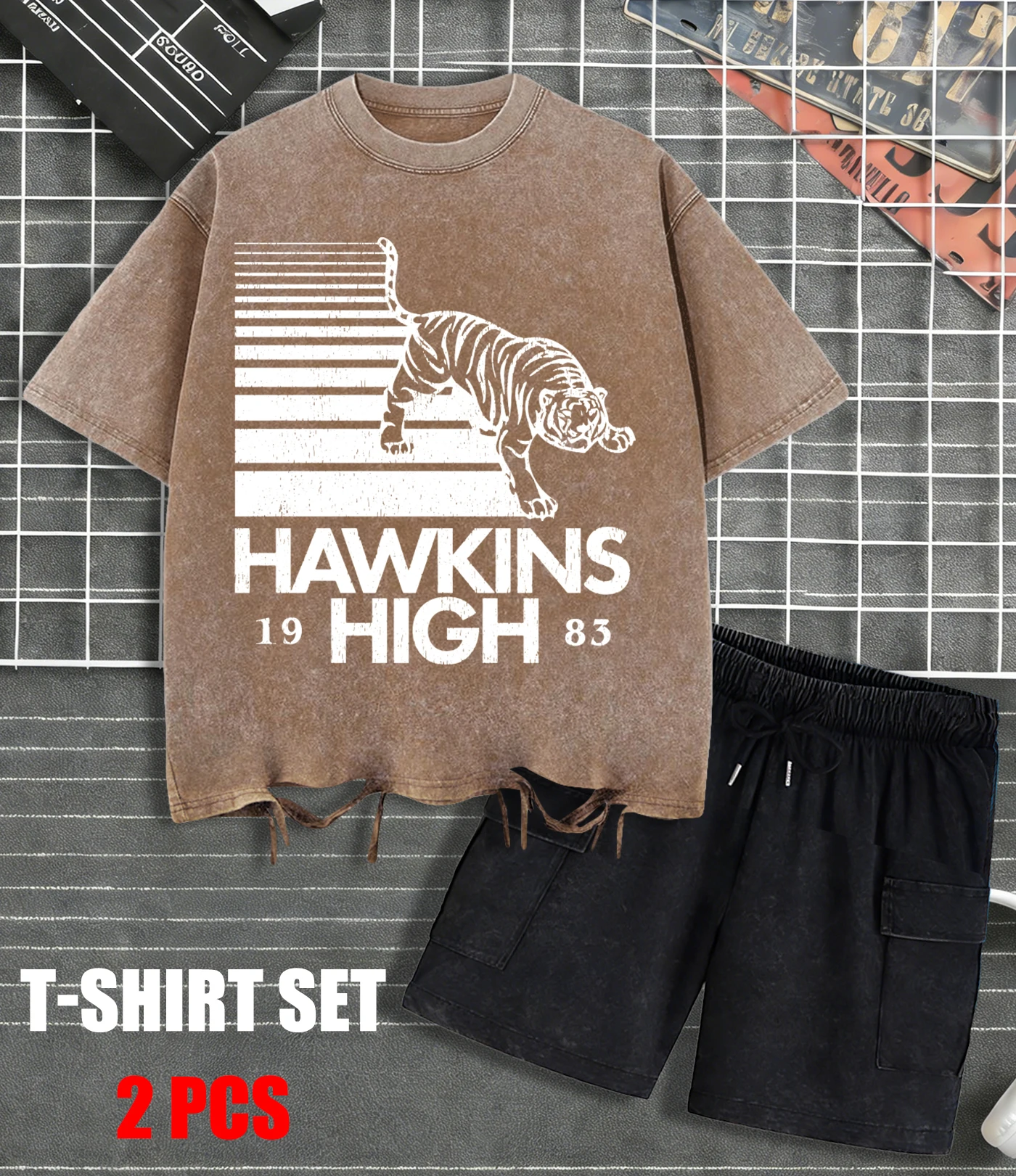 

Hawkins 1983 High School Printing Washed T Shirt Man Summer O-Neck Retro T-Shirts Fashion Cotton All-Match Top Unisex Shorts