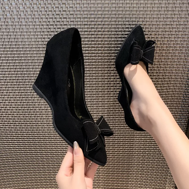 

Slope follow-up women's shoes 2025 spring new suede fashionable bow pointed shallow mouth not tiring women's high heels