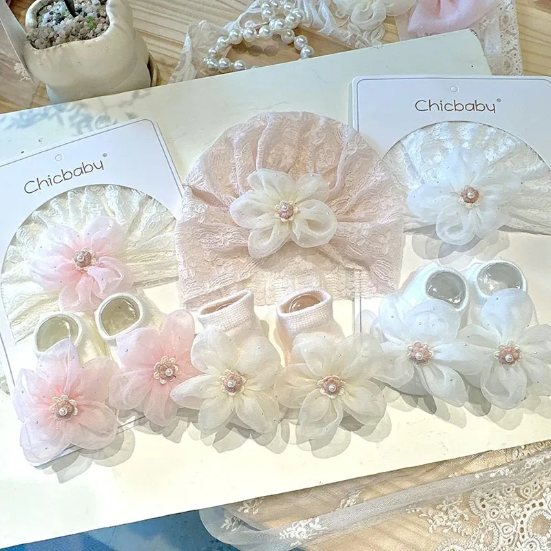 Newborn Baby Hat Socks Set Lace Floral Turban Headband with Pearl Flower Socks for Girls Infant Photography Accessories C6106