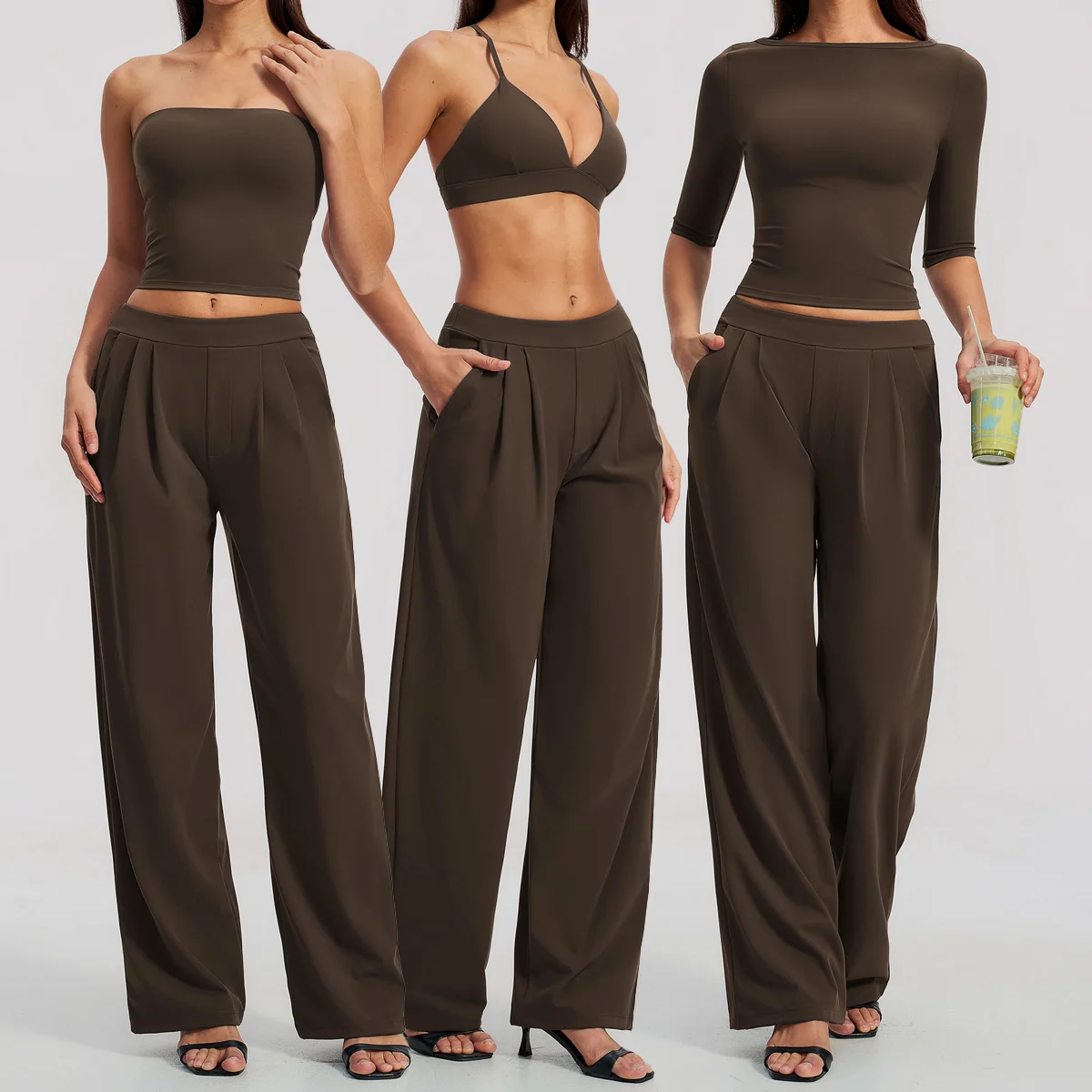 Yoga Set 2 Piece Fitness Suit Women Running Workout Gym Clothing Outfits Sportswear Tracksuit Mid Sleeve Crop Top Wide Leg Pants