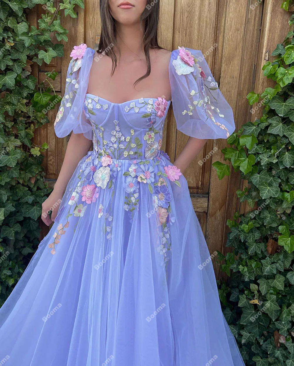 Booma Lavender Fairy Long Prom Dresses For Graduation Short Puff Sleeves 3D Flower Evening Dresses A Line Formal Party Gowns