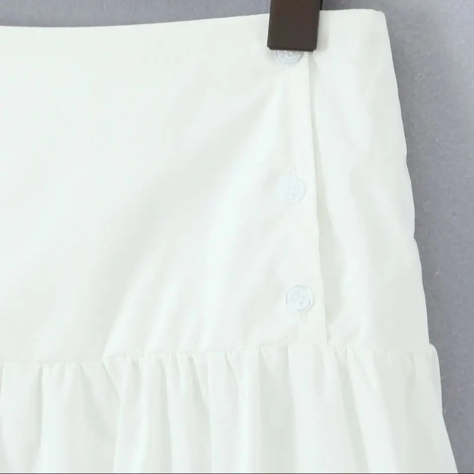 Novo 2025 botões de férias cintura baixa midi saia longa feminina emendado orelhas de madeira balanço saias forradas boho amarelo branco