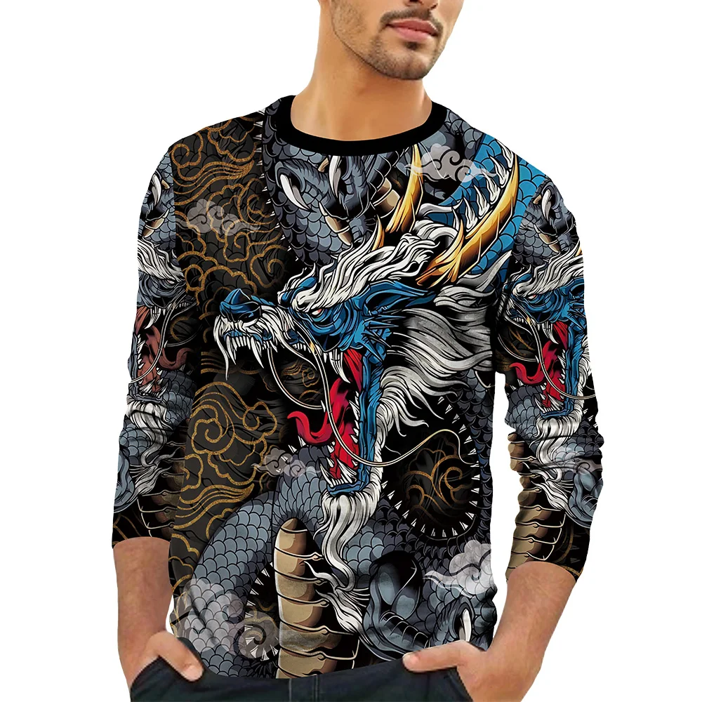 Long Sleeve Men's Auspicious Clouds Tee Crew Neck Popular Clothing New Year Dragon Graphic Basic T-shirt 3D Printed Streetwear