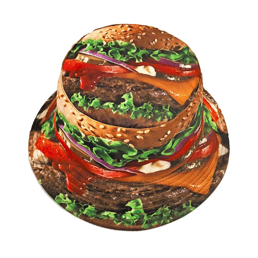 Unisex Burger Print Fisherman Hat Sun Hat with Realistic Beef Veggie Toppings Lightweight Non-Stretch Bucket for Men Women