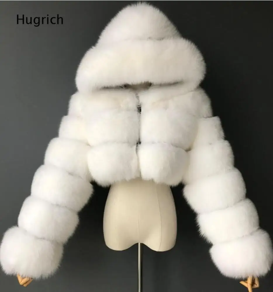 Light Pink Women Hooded Segmented Faux Fur Cropped Jacket Long Sleeve Zip Up Plush Furry Short Warm Winter Party Outer Coat
