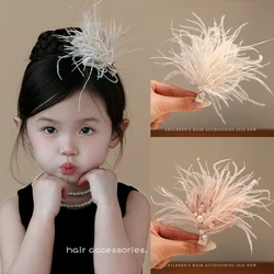 2026 New Pink White Feather Hair Clips For Girls KIds Elegant Bow Crystal Simulated Pearls Barrettes Fashion Hair Accessories