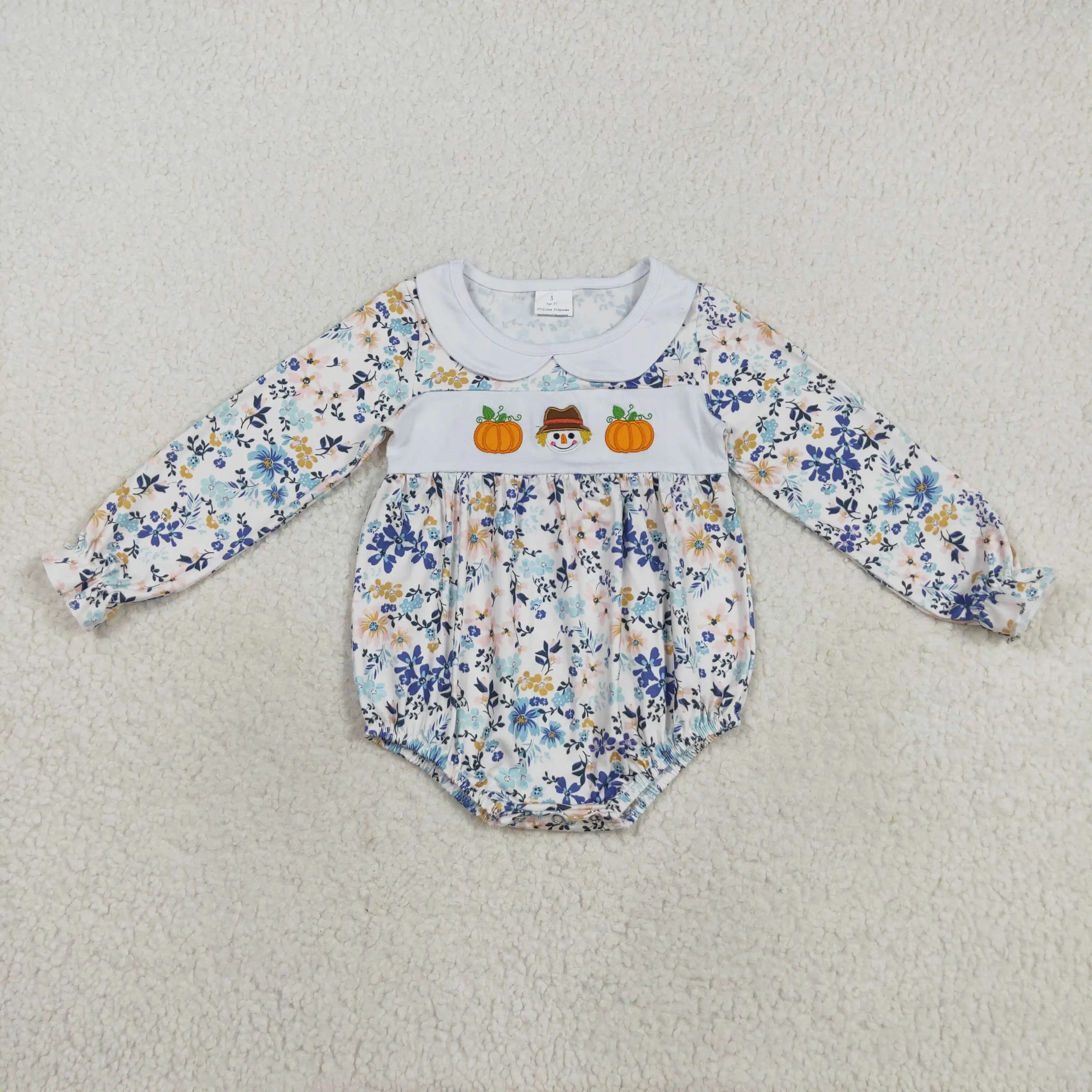 

8.23y Baby Girls Floral Ruffle Rompers Embroidery Pumpkins Scarecrow Design Cute Autumn Outfit Infant Clothing