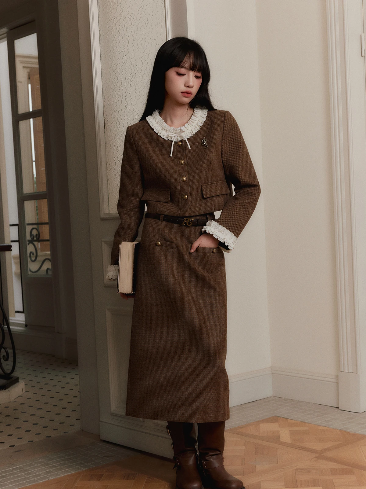 Fragile Heart Vintage Plaid Small Fragrance Style Set Dress Early Autumn Fashion Women's Long Sleeve Button round Neck Woolen...