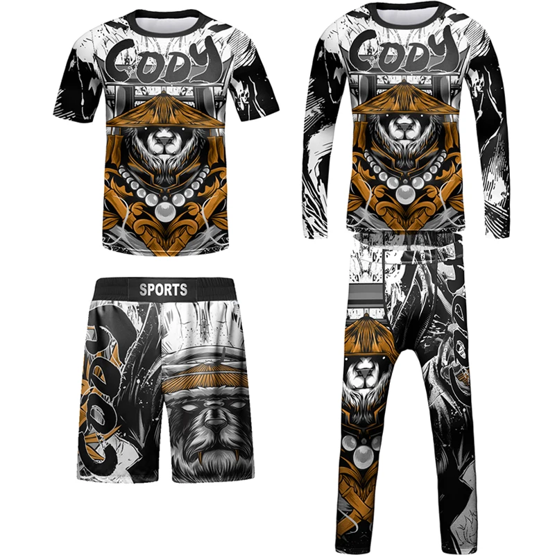 Nowe MMA dziecko Rashguard Jiu Jitsu T-shirt + zestaw spodni chłopiec dziewczyna Bjj wysypka Guard odzież sportowa dla dzieci spodenki Muay Thai