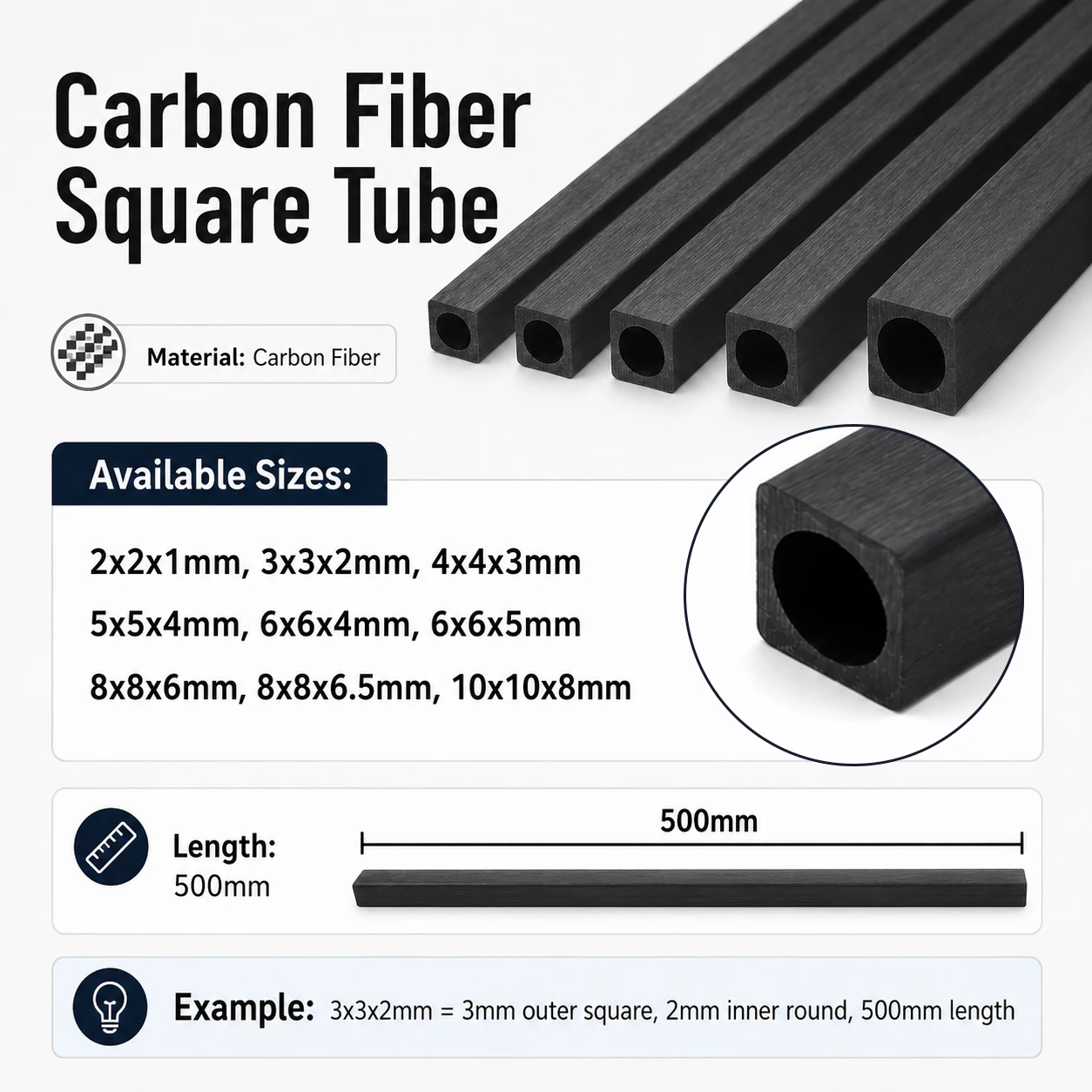 1-6Pcs 500mm Carbon Fiber Square Tube, Lightweight High Strength Hollow Rod 2-10mm for DIY Drones & RCs Models