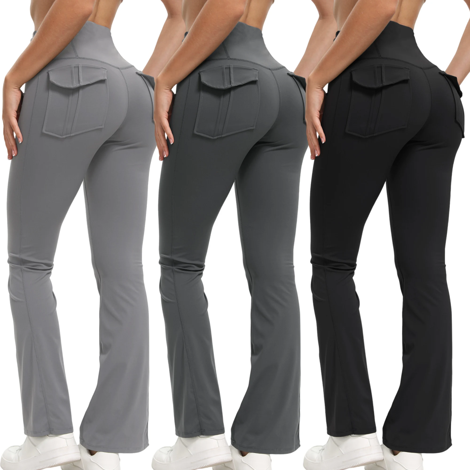 Damskie spodnie do jogi z wysokim stanem, rozszerzanymi nogawkami, kieszeniami, modelujące brzuch, legginsy typu bootcut do ćwiczeń na siłowni, fitnessu i noszenia na co dzień.