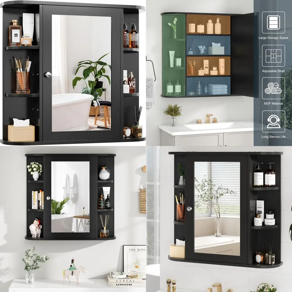 

Черный деревянный аптечка с зеркалом и регулируемой полкой для ванной комнаты