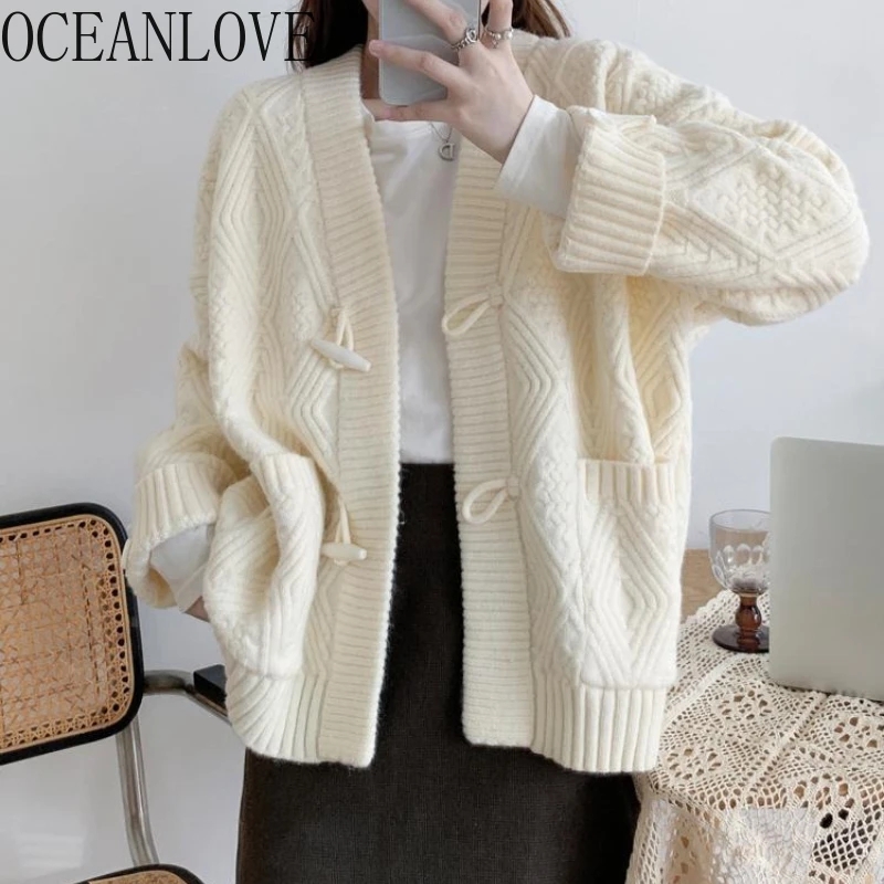 

OCEANLOVE Horn Button Cardigans Woman Japanese Style Thick Warm Vintage Sweaters Fashion Sweet Loose Solid Sueter Mujer