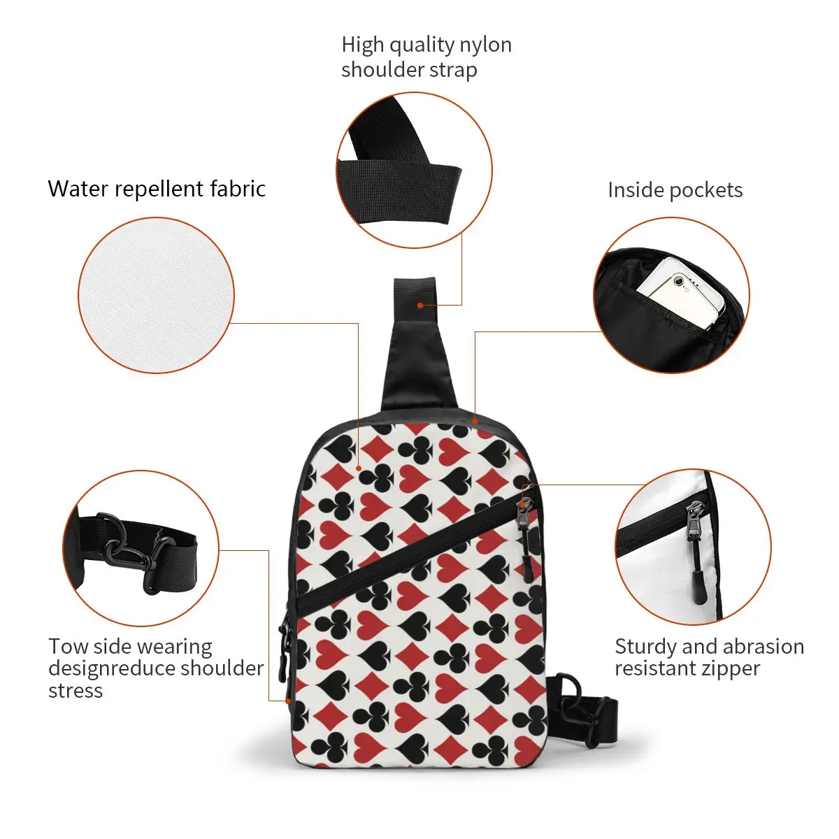 Poker Playing Card Symbols Sling Crossbody Chest Bag Men Fashion Heart Spade Diamond Club Shoulder Backpack for Camping Biking