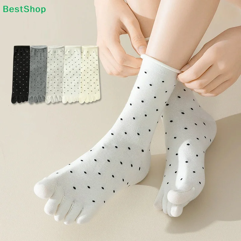 ♥ 1 Paar 5-Zehen-Socken mit Polka Dot-Muster – Damen-Crew-Socken aus Baumwolle mit mittlerem Schlauch