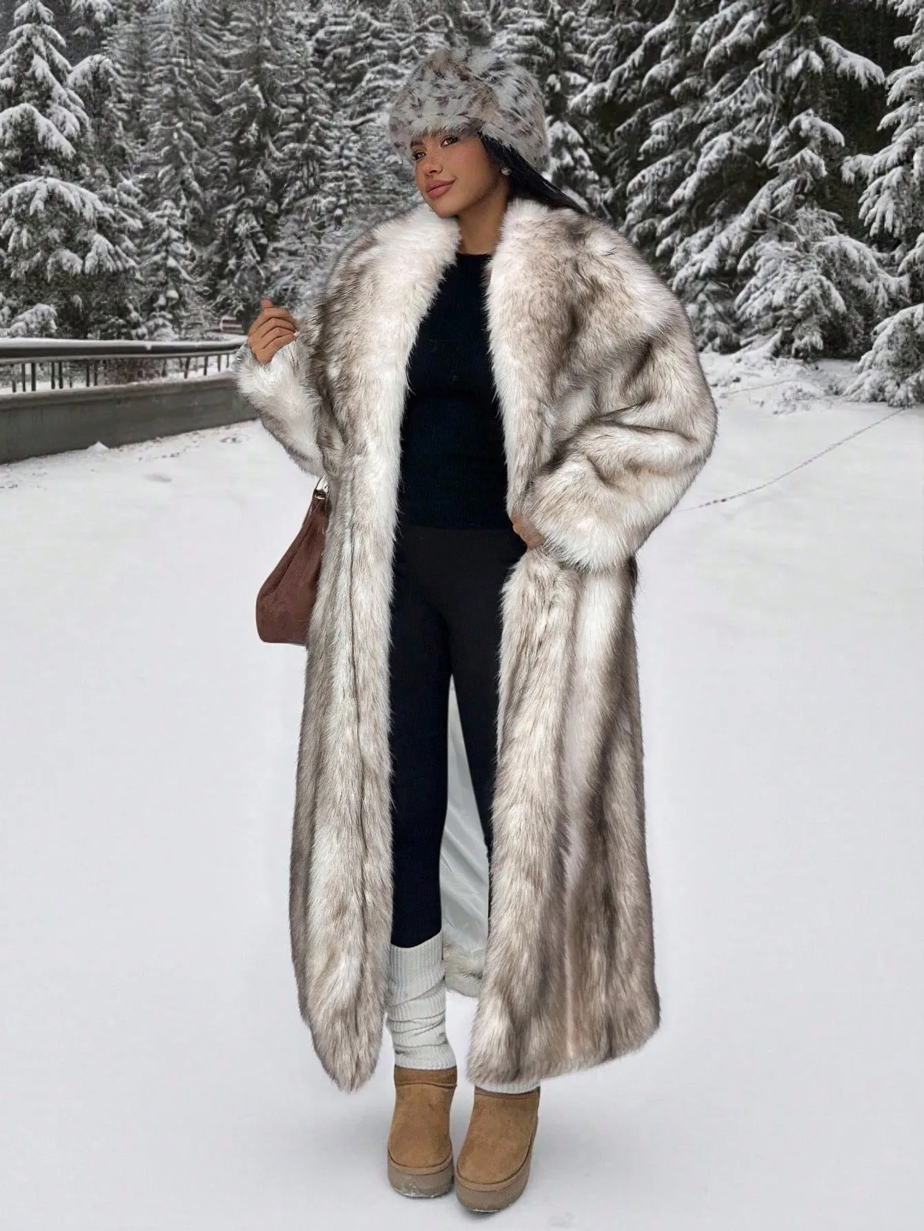 Women's Long Faux Fur Coat Fluffy Striped Lapel Collar Warm Thick Winter Jacket Elegant Luxe Chic Trendy Outerwear