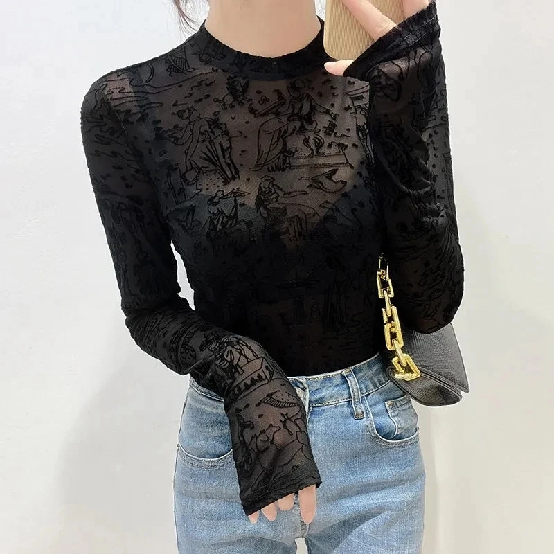 Sexy Black Summer Tops 2024 Elegant Streetwear Long Sleeve Blusas Mujer Korean Fashion Clothes See Through Printed Lace Blouses