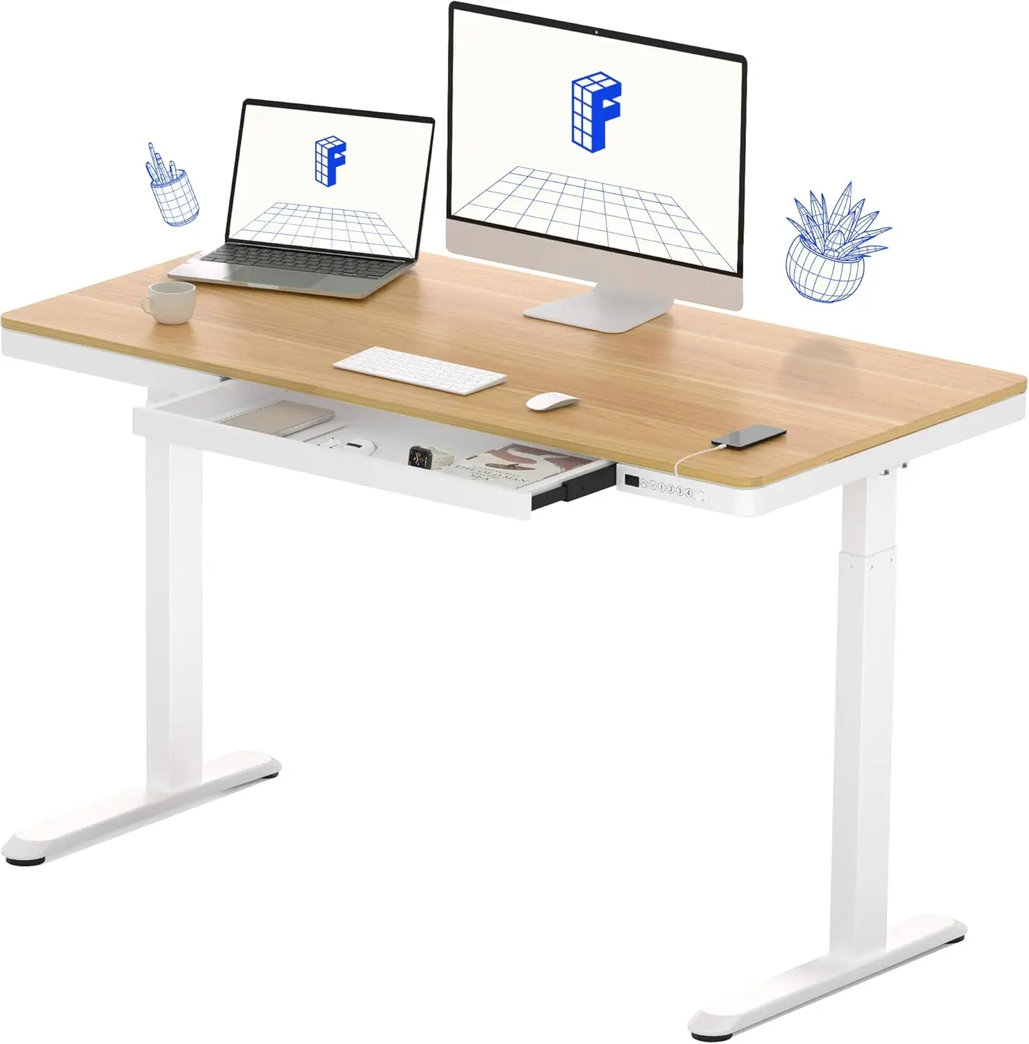 

FLEXISPOT Comhar Electric Standing Desk with Drawers Charging USB Port, Height Adjustable 48" Whole-Piece Quick Install Home