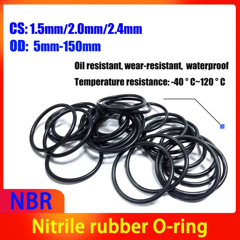 

CS 1.5mm/2.0mm/2.4mm NBR Black Nitrile Rubber O-ring Oil Seal Sealing Ring Temperature Resistance Resistant Gasket OD 5mm-150mm