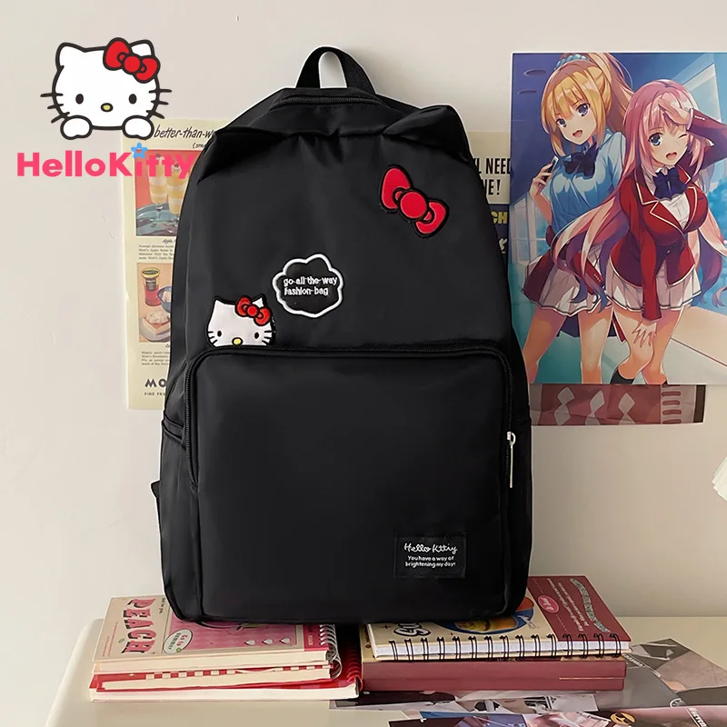 Kawaii Sanrio 헬로 키티 배낭 귀여운 애니메이션 블랙 수 놓은 Schoolbag 가방 여성용 슬링 가방 소녀 하라주쿠 대학 선물