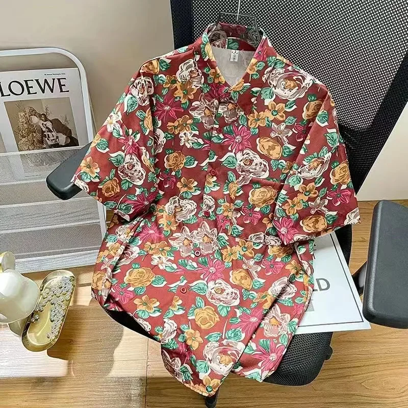 Men Street Fashion Summer Daily Shirt Hawaiian Cartoon Print Casual Loose Shirts Short Sleeve Beach Loose Tops