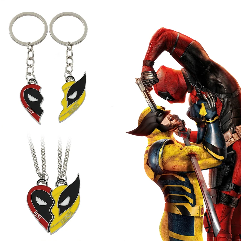 Marvel Deadpool & Wolverine Best Friends Necklace Set - Split Heart Pendant Keychain, Perfect Gift for Fans