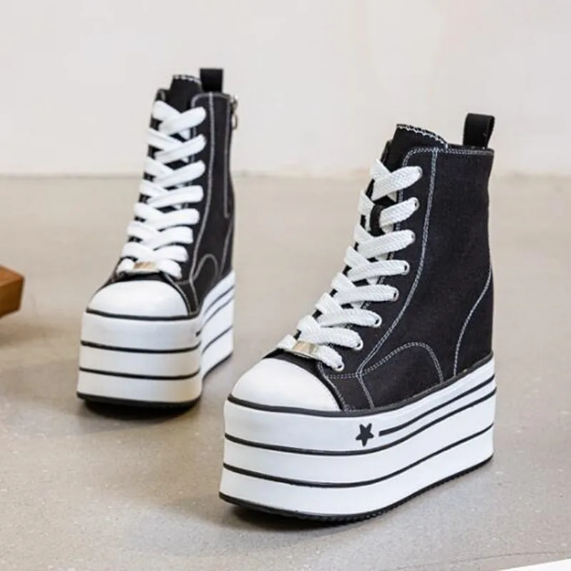 16CM High Heels Women 2026 Autumn Winter Platform Leather Canvas Ankle Boots Thick Bottom Chunky Sneakers Motorcycle Boots Woman
