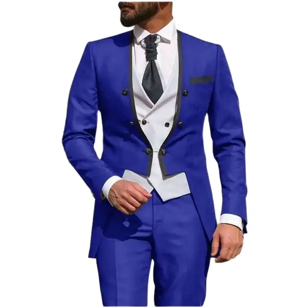 

Business Men Suits 3 Pcs White Vest No Collar Costume Homme Wedding Grooms Wear Tuxedos Terno Masculino Slim Fit Prom Blazer