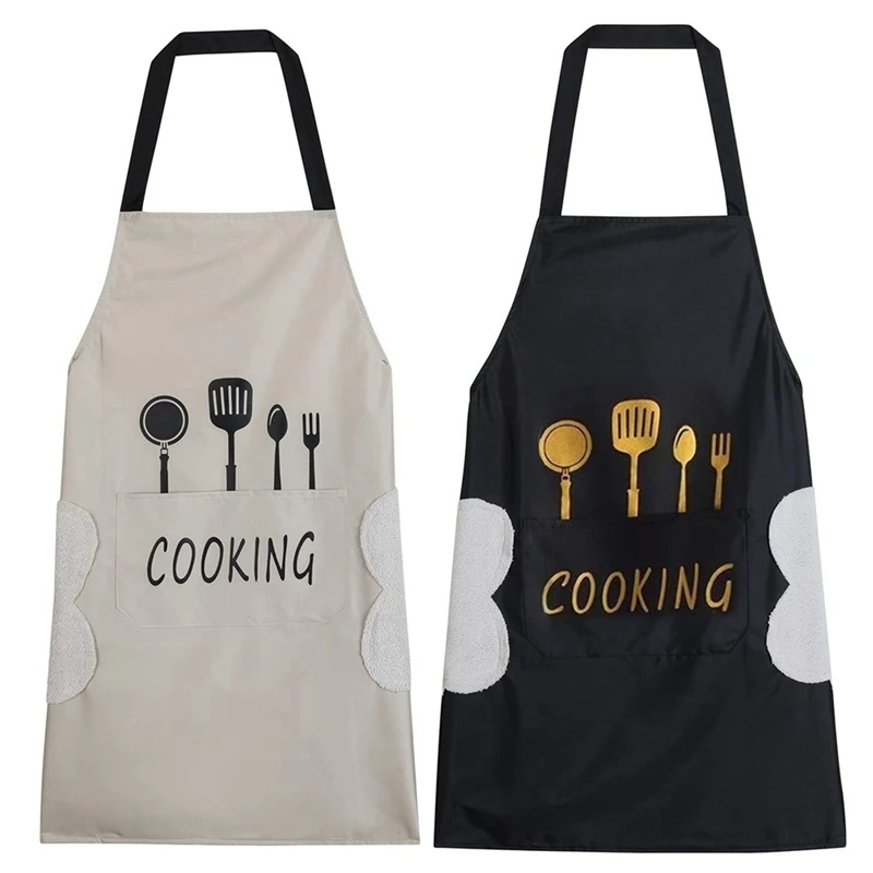 2 Pack Kitchen Apron With Hand Wipe, Water-Drop Resistant With 2 Pockets Cooking Bib Apron For Women Men Chef Easy To Use