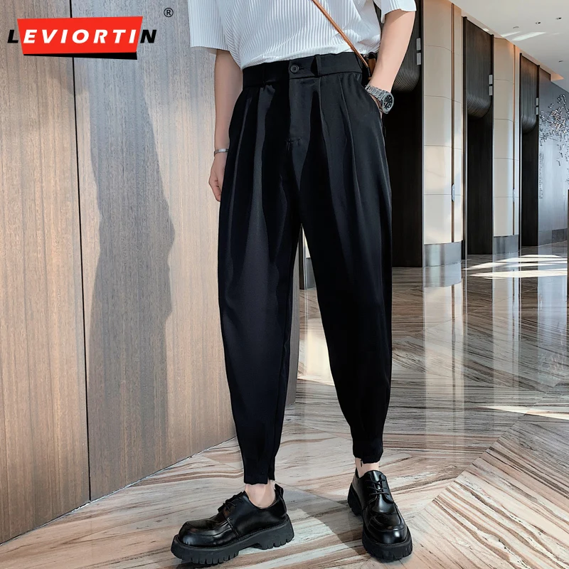 Fashion Autumn Ice Silk Suit Pants Men Tapered Bottom Slit Trousers Korean Style Elastic Waist Casual Ankle Zipper Pants Man