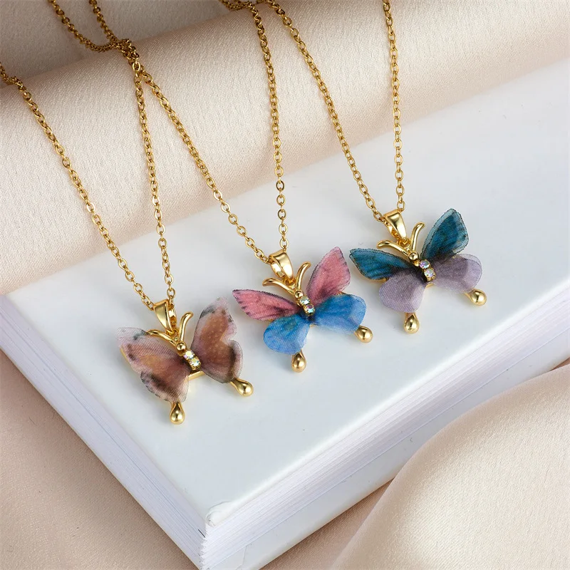 8pcs/set Luxurious Gradient Colorful Butterfly Zirconia Stainless Steel Necklace For Women Fashion Jewelry Gifts Gold Plated