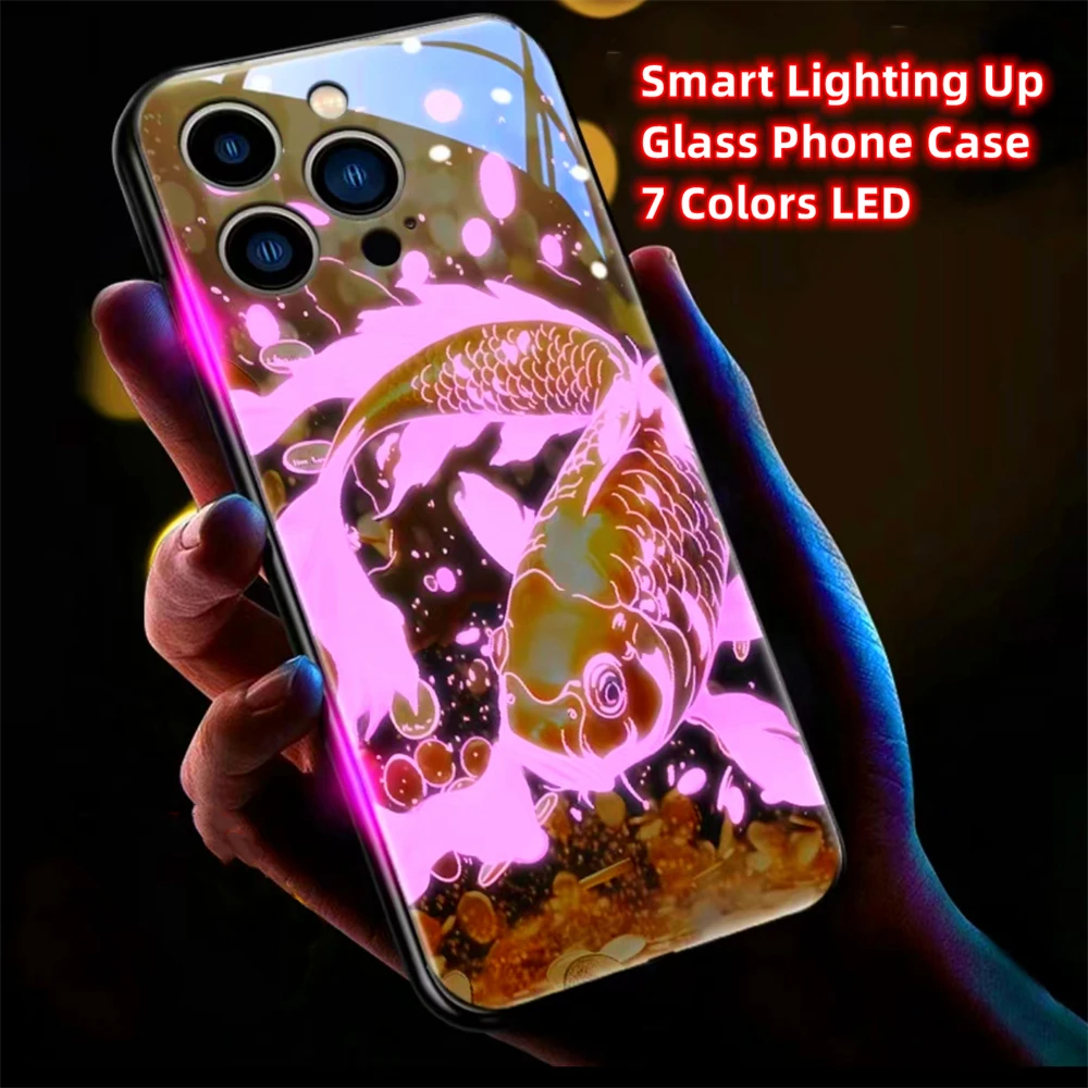 Double Carp Red Lotus Design Smart LED Light Glow Tempered Glass Phone Case For Samsung S26 S25 S24 S23 S22 S21 S20 Plus Ultra