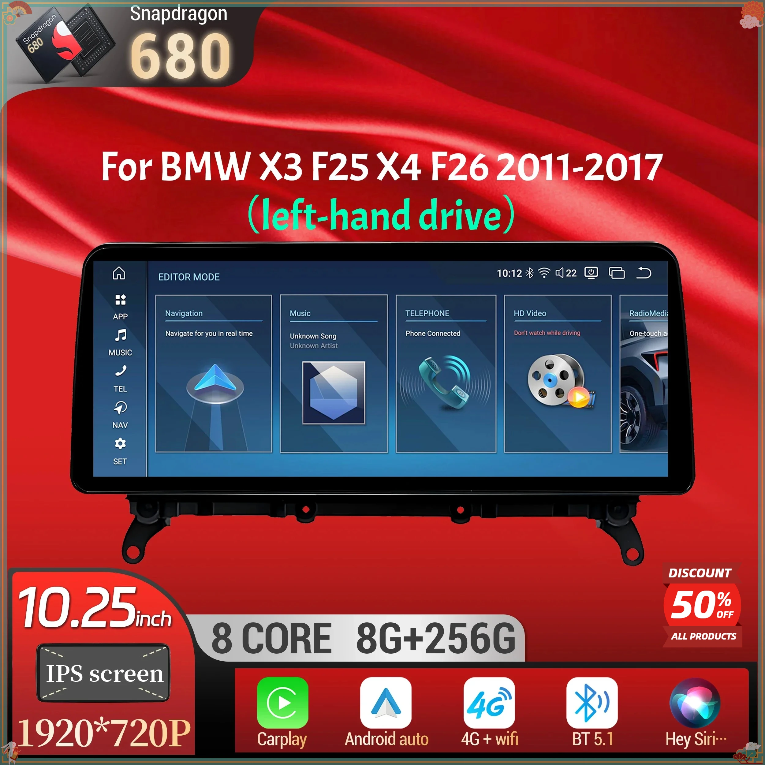 10.25 inch For BMW X3 F25 X4 F26 2011-2017 Left Hand Drive Android 14 Car Radio Wireless BT Carplay Snapdragon 680 Touch Screen