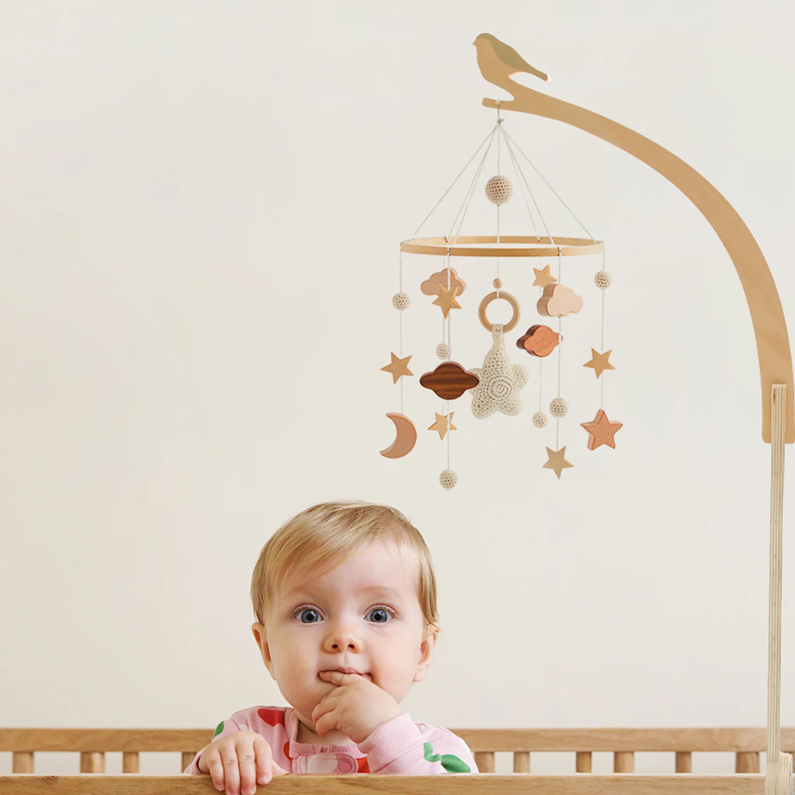 Baby Wooden Little Birdie Bed Bell Bracket Cartoon Crib Bed Bell Mobile Hanging Rattle Toy Hanger Baby Crib Decoration Accessori