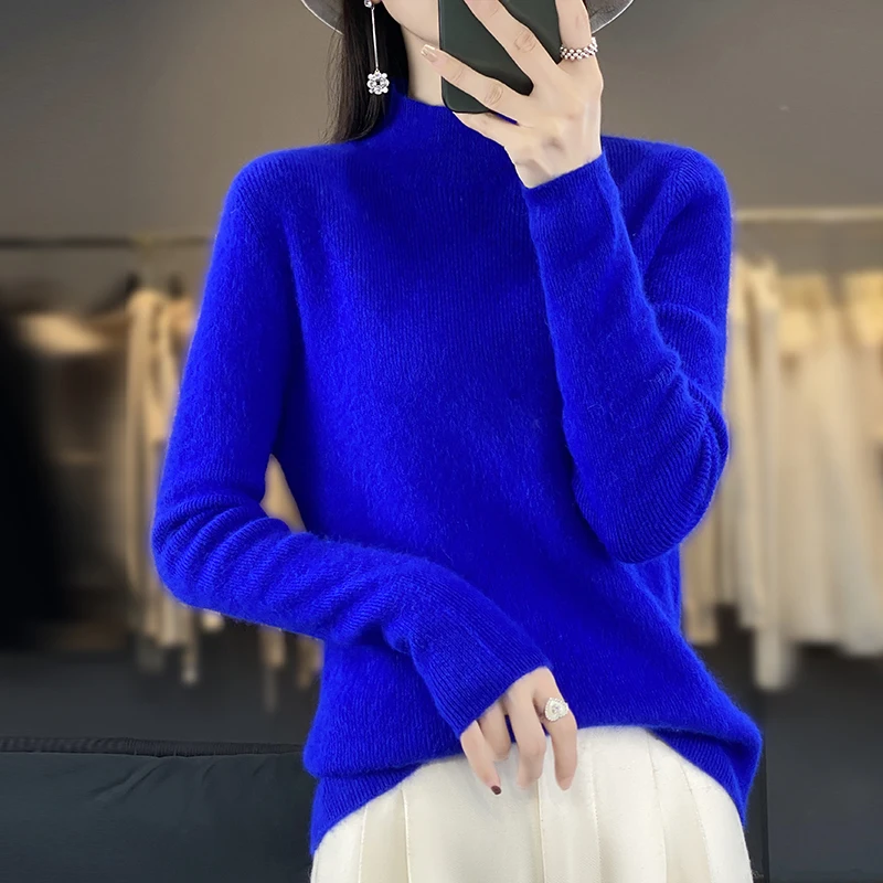 

2023 Mink Wool Ready-To-Wear Cashmere Sweater Autumn Winter New Women's Half High Collar Personalized Diagonal Jacquard Pullover