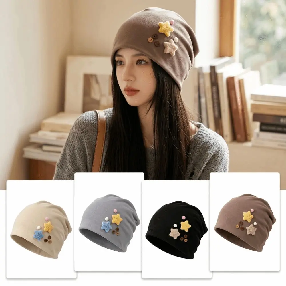 New Japanese Style Women's Beanie Star Detail Windproof Slouchy Beanie Face-Flattering Fit Warm Pull-On Hat Cold Weather