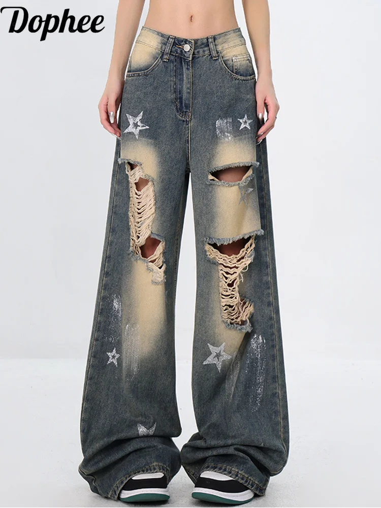 Dophee American Street Spice Girls Star Hole Loose Wide Leg Jeans Women Spring Summer All-match High Waist Straight Denim Pants