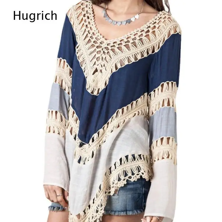 Boho V Neck Hollow Crochet Trim Color Block Blouse Long Sleeve Irregular Hem Loose Ladies Daily Casual Tunic Top