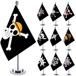 Anime One Piece Desk Flag for Home Decor Office Table Stand Holder Banner Cartoon Luffy Straw Hat Pirates Skull Flag Toys Gifts