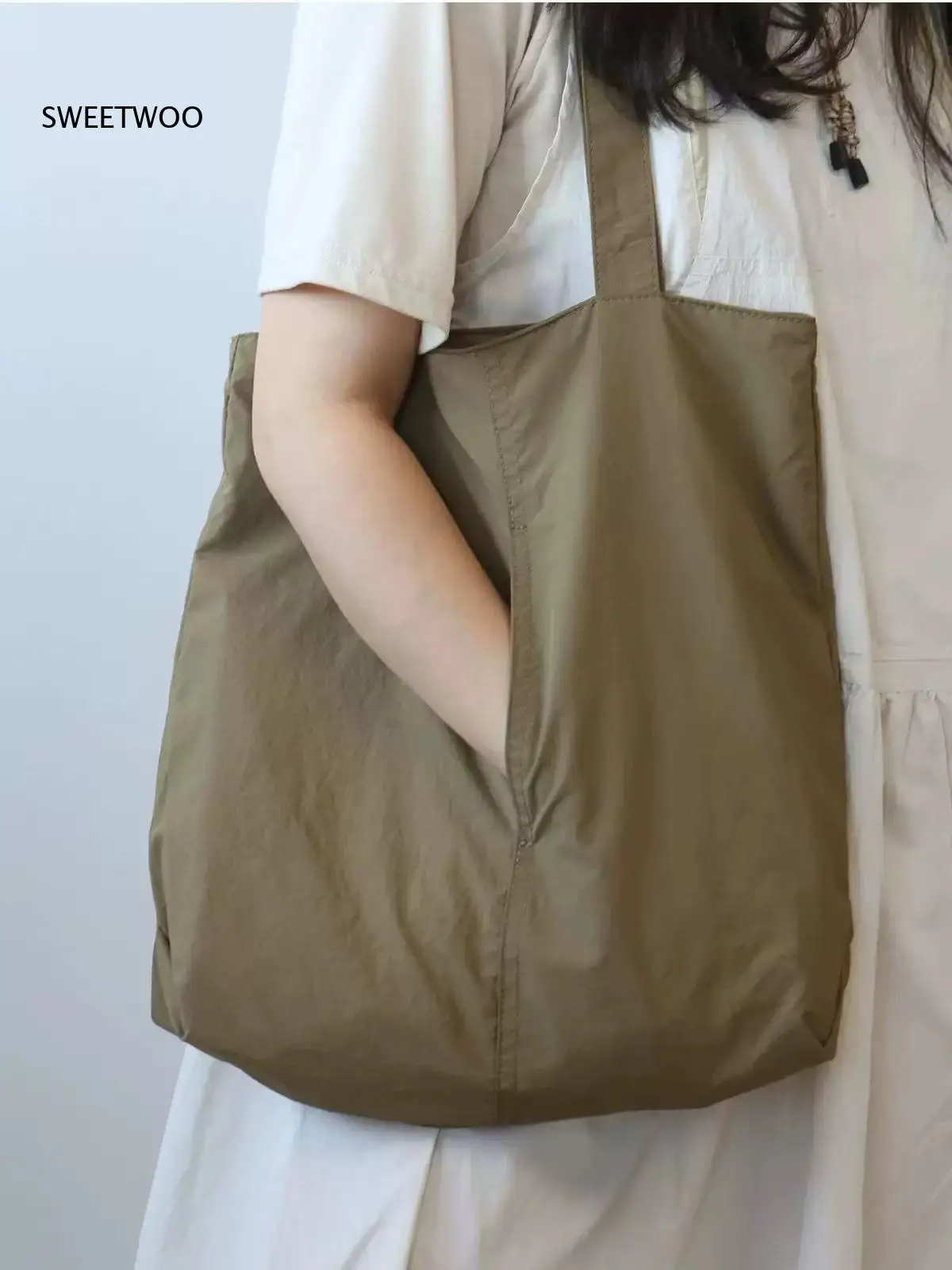 Simple Large Nylon Tote Shoulder Bag Women Soft Wrinkle Resistant Fabric Side Pocket Daily Casual Handbag