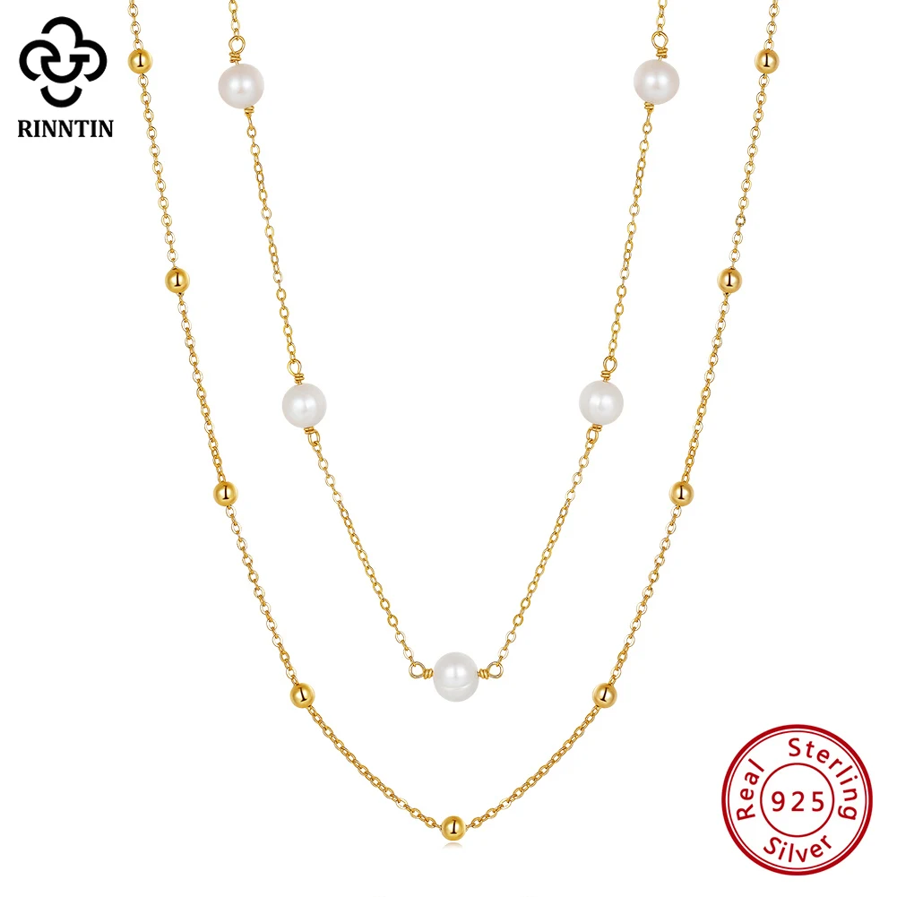 Rinntin Fashion Fine Jewelry Set 2 Layer Natural Freshwater Pearl Charms Chain Choker Necklaces 925 Sterling Silver Gift GPN62