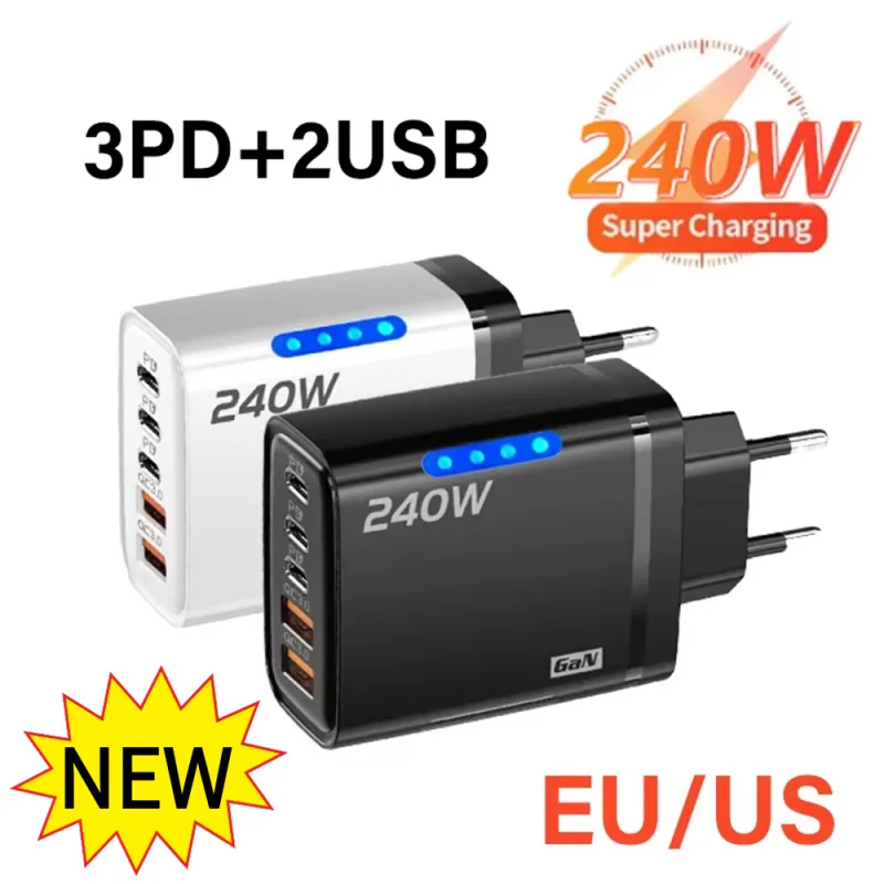 

Новое зарядное устройство USB PD мощностью 240 Вт с 5 портами, быстрая зарядка Type-C, адаптер для быстрой зарядки телефонов, подходит для различных типов мобильных телефонов