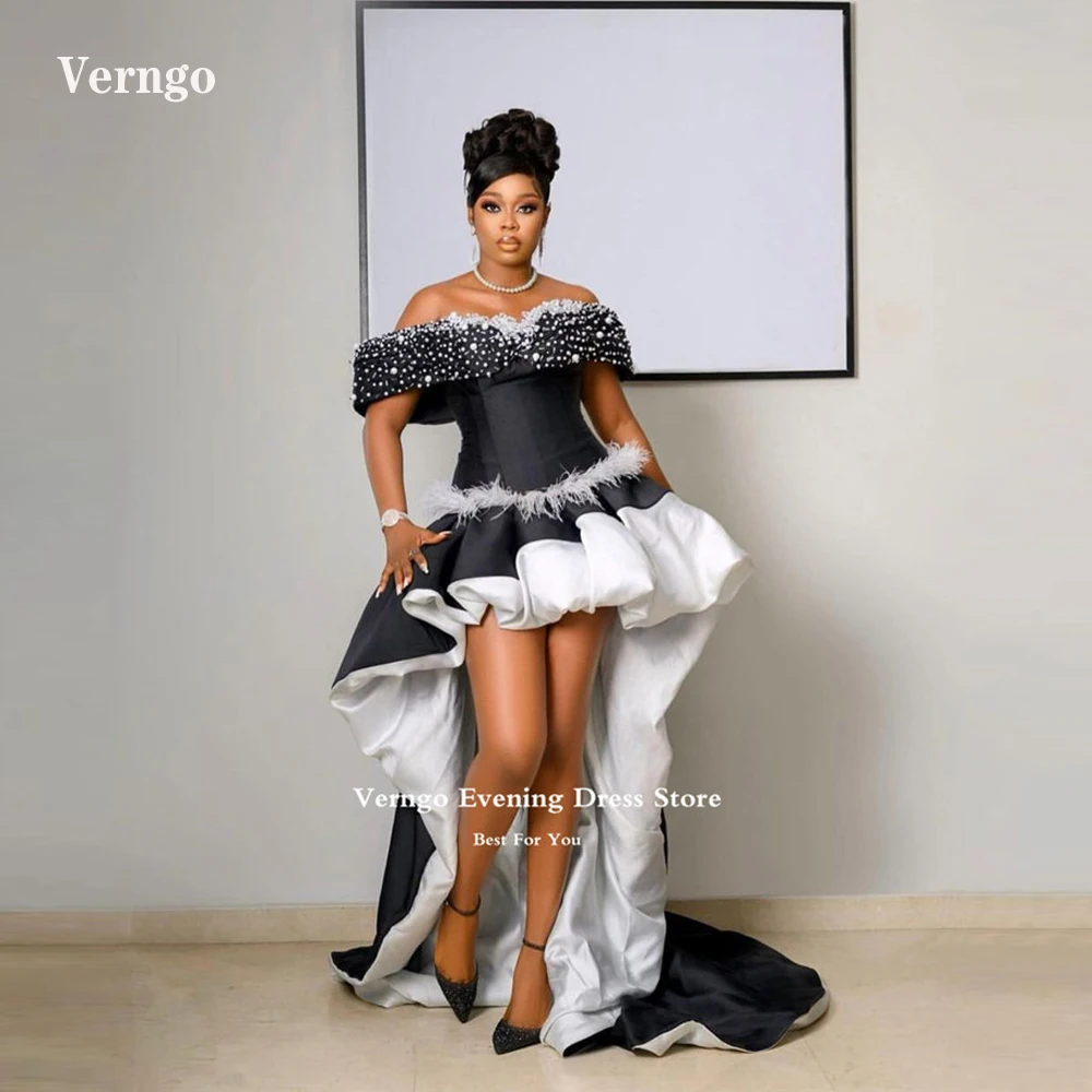 

Verngo African White Black Short Front Long Back Prom Dresses Beads Pearls Satin Feathers Hi Low Party Dress Formal Evening Gown