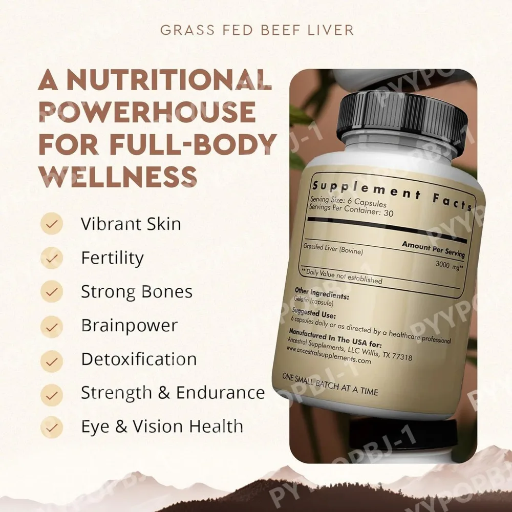 Grassfed Beef Liver Capsules 500mg Each, Pasture Raised Bovine Liver Supplement, Non GMO, 180 Capsules