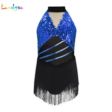 Ballet Jersey Latin Leotards Dresses for Girls Kids Sequin Jazz Tango Chacha Dress Sleeveless Shiny Tassel Dress Rumba Dancewear