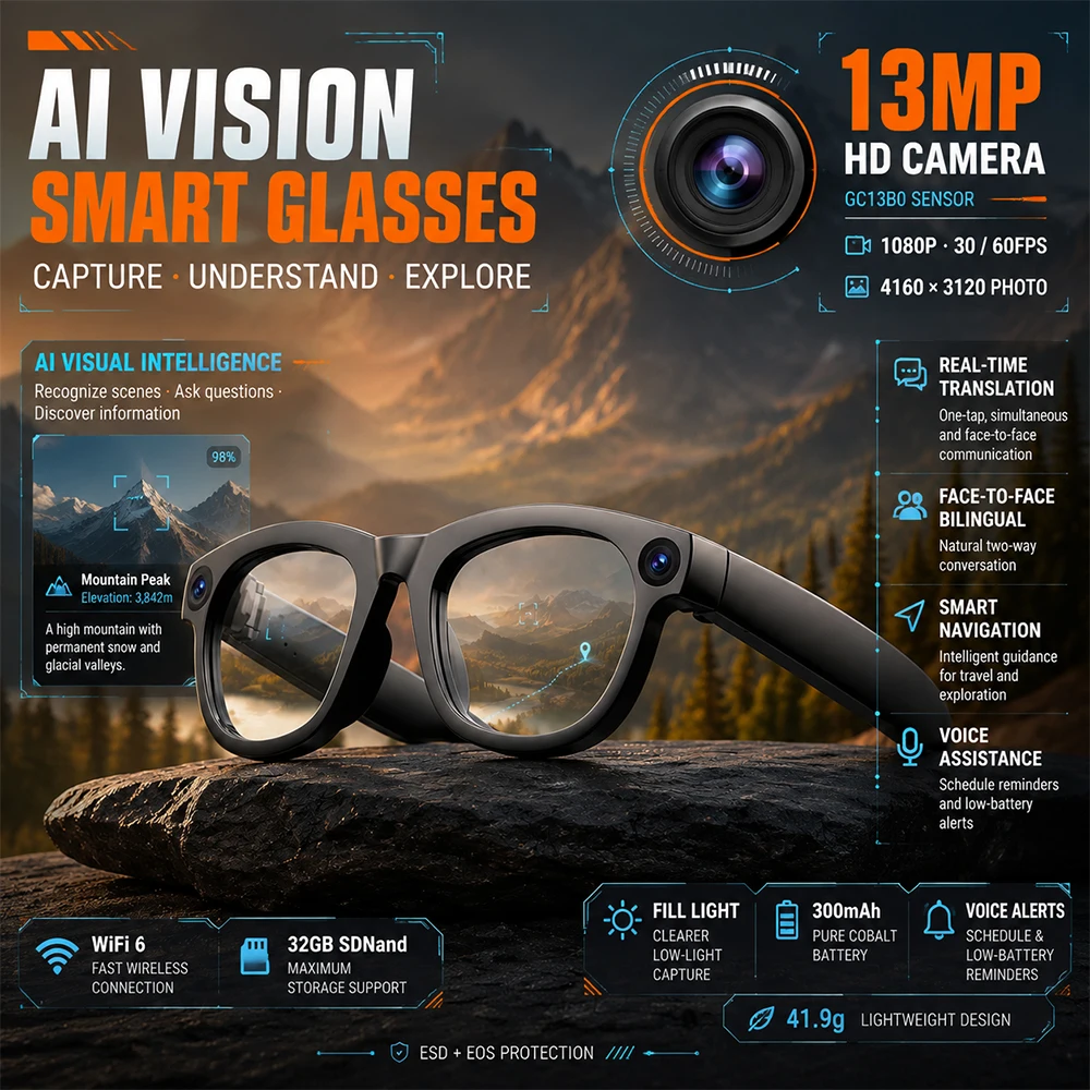 New 13MP AI Camera Smart Glasses 32GB Storage Real-Time Translation Live Streaming Intelligent Office Assistant Eyewear