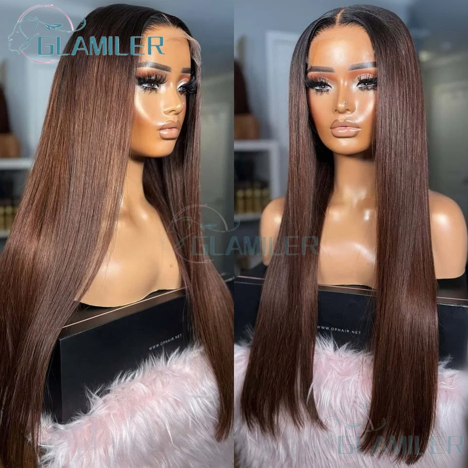 Brazilian Silk Straight Human Hair Silk Top Wigs With Natural Hairline Glueless Ombre Dark Brown #1bT2 13x6/360 Lace Front Wigs