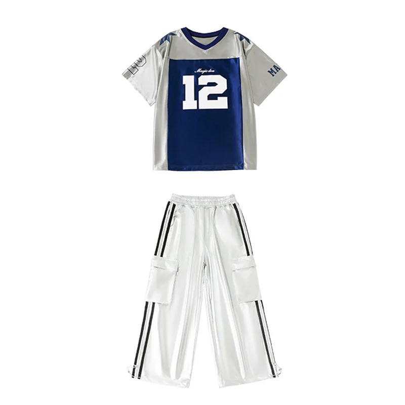 Conjunto de roupas infantis de hip hop, camiseta de cor contrastante, couro pu, calças cargo brilhantes, traje de dança de rua para meninos e meninas, traje de dança moderna de jazz