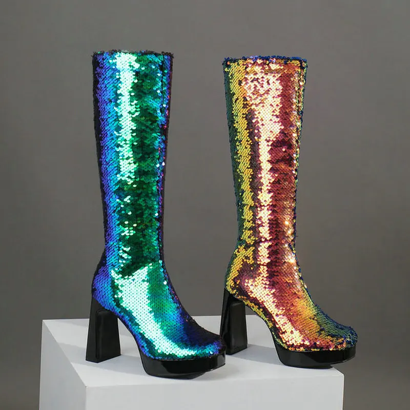 Green Blue Silver Women Knee High Boots Platform Square High Heel Ladies Calf Boots Sequin Cloth Round Toe Women's Boots 2022