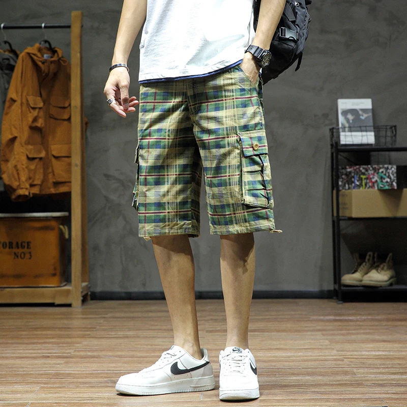 

Новые летние мужские шорты в клетку спецодежды с несколькими карманами для верхней одежды, повседневные шорты свободного и прямого кроя, большой размер